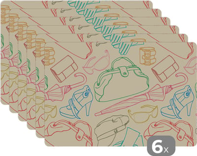 Placemat - Placemats kunststof - Pastel - Tas - Kleren - Patronen - 45x30 cm - 6 stuks - Hittebestendig - Anti-Slip - Onderlegger - Afneembaar