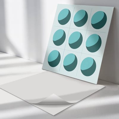 Wallfluent Vinyl Tegels - Geometrische Ballen in Een Raster Vinyl Vloer Tegels - 30 cm x 30 cm - Turkoois PVC Tegels - Set van 9 - Vierkant PVC Tegels - Abstractie Plaktegels - Zelfklevende Vinyl Tegels - Plaktegels Keuken en Badkamer