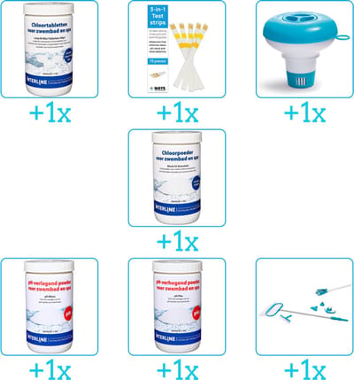 Zwembad Onderhoudspakket - Onderhoud Zwembad - bevat Chloor - Testrips - Chloordrijver - Chloor - PH-min - PH-plus en Schoonmaakset (7-delig)