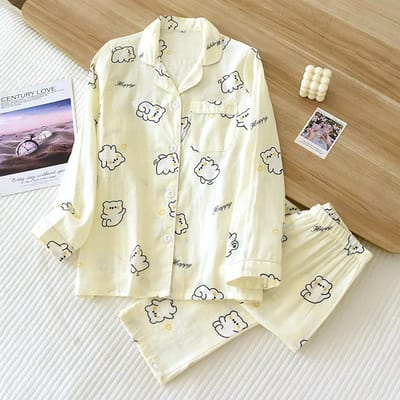 Pyjama Mis à Jour Printemps et Été Deux Pièces pour Femmes 100% Coton Gaze Manches Longues Pantalon Fleurs Simples Coupe Confortable Collection Service de Maison XL beige