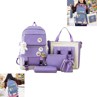 KZQ Leuke rugzakset met 5 stuks canvas schoudertas etui en koerierstas grote capaciteit met berenhanger en badges paars voor meisjes dames en heren school en dagelijks gebruik