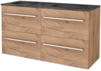 Basic-Line Start 46 Badkamermeubelset - 120 x 46 cm - Met Grepen - 4 Lades - Hardstenen Wastafel - 2 Kraangaten - Whisky Oak