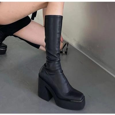 Punk Stijl Platform Laarzen Vrouwen Dikke - Hak Enkellaarsjes Sexy Hoge Hak Schoenen Zwarte Stretch Lange Laarzen Vrouwen Feest Club Schoenen 39 black