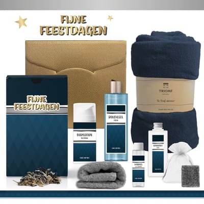 Geschenkset “Fijne Feestdagen!” - 7 producten - 1410 gram | Luxe Kerst Cadeaubox voor hem - Wellness Pakket man - Giftset Fijne feestdagen - Cadeaupakket Prettige Kerstdagen - Kerstcadeau - Kerstpakket Cadeau - Relatiegeschenk - Gift Goud - Blauw
