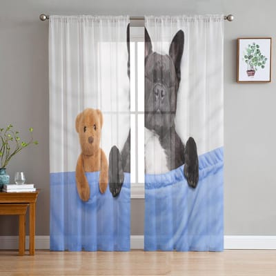 Met een Pomeriaan Huisdier Hond Erker Horren Gordijnen Draperie Transparant Tule Voor Woonkamer Slaapkamer Voile Organza Gordijnen 135W x 114H(cm)