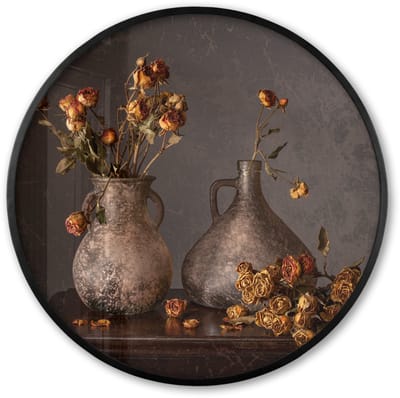 Poster in lijst Rond - Fotolijst 60x60 cm - Posters - Stilleven - Bloemen - Vaas - Donker - Ronde posterlijst zwart - Decoratie - Wanddecoratie woonkamer - Muurdecoratie slaapkamer