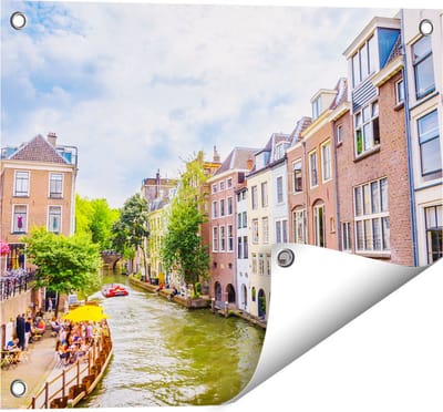 Gards Tuinposter Huizen aan de Oudegracht in Utrecht - 50x40 cm - Tuindoek - Tuindecoratie - Wanddecoratie buiten - Tuinschilderij