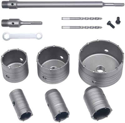 Set van 10 Holboren voor Beton met SDS-Adapter en Tungsten Carbide Tips - Diverse Diameters van 35 mm tot 110 mm, Hoge Kwaliteit en Duurzaam Gebruik