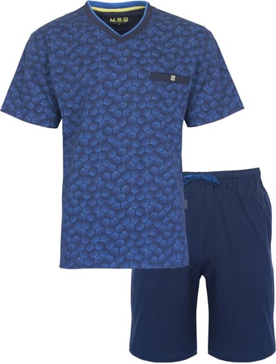 MEQ Heren Shortama - V Hals - Pyjama Set - 100% Katoen - Petrol Blauw - Maat S