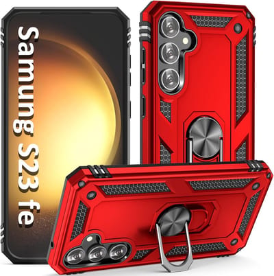 Casemania Hoesje Geschikt voor Samsung Galaxy S23 FE Rood - Anti-Shock Hybrid Armor Back Cover - Hoes met Kickstand Ring