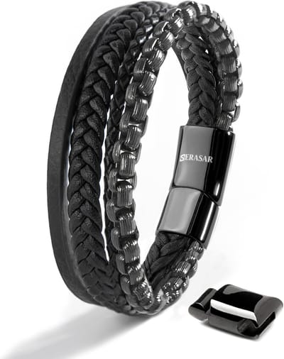 SERASAR | Leren armband voor heren [Hero] met dubbele roestvrijstalen en magnetische sluiting | Kleur: Zwart | Lengte: 17