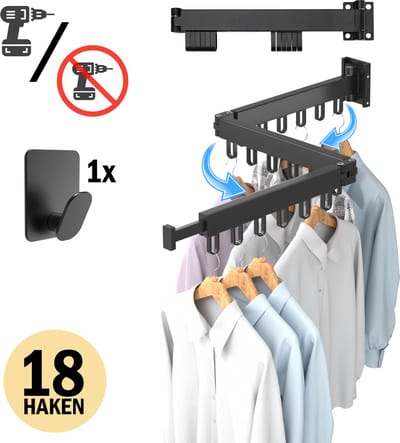 PLAY IT Wanddroogrek 127cm Inklapbaar 18 Haken Zwart - Wasrek/Droogrek Hangend + Handdoek Haakje