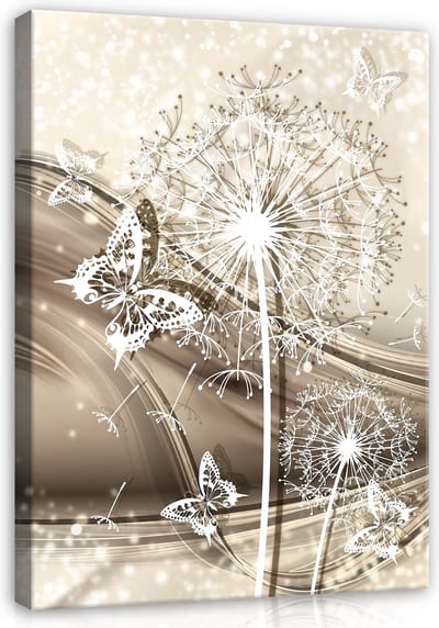 Canvas Schilderij - Bloemen - Vlinders - Paardenbloem - Planten - Inclusief Frame - 100x75cm (lxb) - Wit