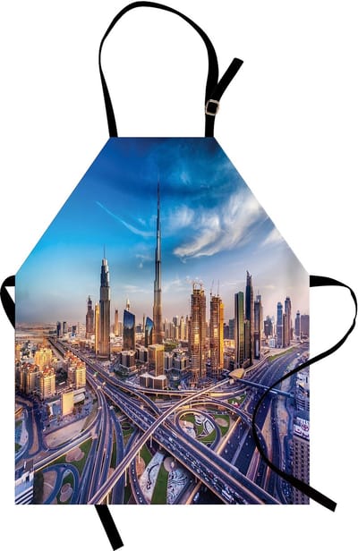 ABAKUHAUS stads kookschort, panoramisch uitzicht op Dubai – Arabische skyline: hoge wolkenkrabbers, gebouwen, verkeerswegen; kleurvast, hoogteverstelbaar, wasbaar, heldere digitale afdruk; goudsbloem ivoorkleurig blauw