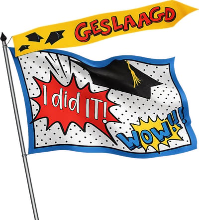 Geslaagd Vlag en Wimpel Set – Afgestudeerd Vlag 90x60 cm + Wimpel 105x15 cm – Geslaagd Versiering / Examen Feest