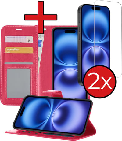 Hoesje - Met 2x Screenprotector - Geschikt voor Apple iPhone 16 - Luxe Pasjeshouder - Flip Case - Bookcase Portemonee - Kunstleer Book Case - Flipcase Hoes - Book Cover - Walletcase - Portemonneehoes - Telefoonhoes - Donkerroze