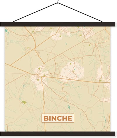 Posterhanger incl. Poster 60x60 cm - Schoolplaat - Plattegrond - Binche - Kaart - Vintage - Stadskaart - Textielposter - Zwarte latten - Stadskaart