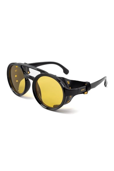 KIMU® Motor Ronde Zonnebril - Zwart Montuur Zijkanten - Gele Glazen - Volwassenen Kunststof Vintage Piloot Amerikaans Aviator Retro Festival