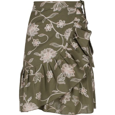 Olijf Geborduurde Bloemen Wikkel Ruffle Rok