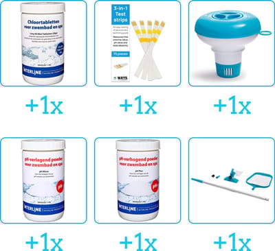 Zwembad Onderhoudspakket - Onderhoud Zwembad - bevat Chloor - Testrips - Chloordrijver - PH-min - PH-plus en Schoonmaakset (6-delig)