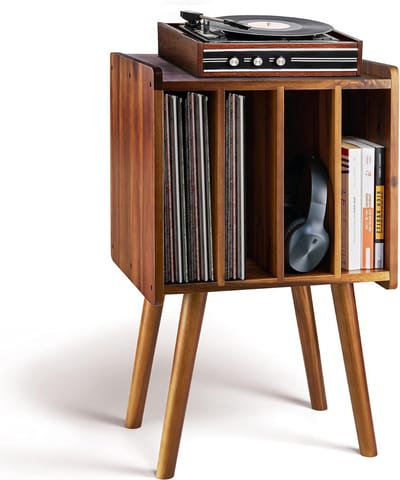 DYNA®Platenspeler Meubel – Stand Platenspelerstandaard - Rustieke Platenopbergkasthouder - Donkerbruin - 33cm x 41cm x 66cm