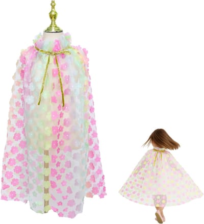 Joya Kids® Luxe Verkleedcape Transparant met Regenboog kleuren en Bloemen | Prinsessencape Multicolor | Cape Set | Unicorn | Meisje Verkleedset | Carnvalskleding Meisjes | Met losse bloemen in regenboog kleuren op cape