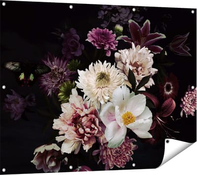 Gards Tuinposter Diverse Bloemen op Zwart Achtergrond - 120x90 cm - Tuindoek - Tuindecoratie - Wanddecoratie buiten - Tuinschilderij