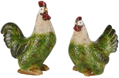 Dekoratief | Kip/haan zittend, groen, keramiek, 15x8x20cm, set van 2 stuks | A260729