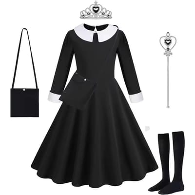 Vinagte Robe Noire Gothique Costume de Jeu de Rôle pour Filles Vêtement Cosplay Halloween pour Tout-Petits 3-4T