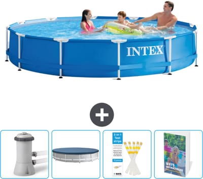 Intex Rond Frame Zwembad - 366 x 76 cm - Blauw - Inclusief Zwembadfilterpomp - Afdekzeil - Testrips - Zwembadgids