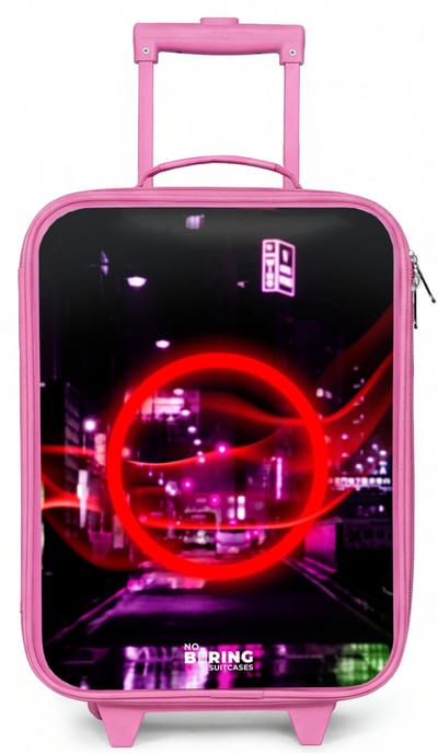 NoBoringSuitcases.com® - Kinderkoffer roze - Kindertrolley meisje - Felrode cirkel boven een neonverlichte stad - Koffer kind lichtgewicht - Reiskoffer trolley voor kinderen - Koffertje met lichtgevende wieltjes - Rolkoffer