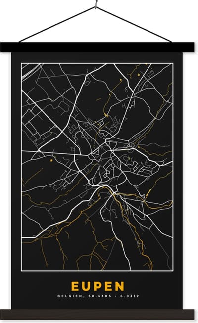 Posterhanger incl. Poster 40x60 cm - Schoolplaat - Stadskaart - Eupen - Plattegrond - Kaart - Goud - Textielposter - Zwarte latten - Stadskaart