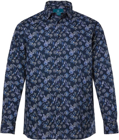 Boston Park - Heren - Overhemd lange mouwen kentkraag all-over print Comfort Fit - Navy blauw - Maat L