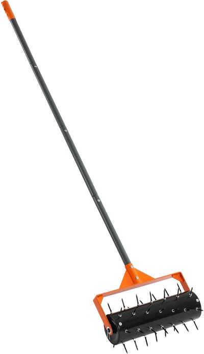 Handmatige Gazonbeluchter met 42 Metalen Spikes, 410 mm Brede Plaat, Lange Steel, Gereedschap voor Grondbeluchting, Gazonroller voor Verdichte Grond, Ideaal voor Gazononderhoud en Tuin, Zwart
