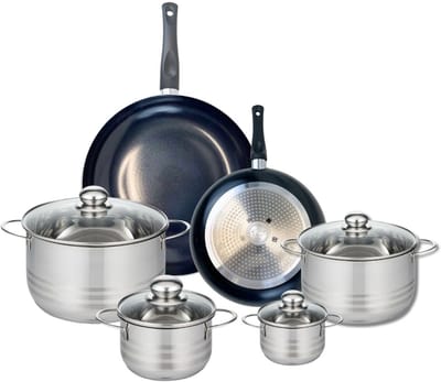 Set van 2 Koekenpannen 24 en 32 cm en 4 kookpotten 12, 16, 20 en 24 cm Elo Prima Glanzend