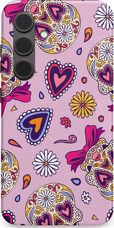 Casetastic hoesje geschikt voor Samsung Galaxy S24 - Dubbellaagse bescherming - Dia de los Muertos Doodshoofd Strik - Fashion Case - Lichtroze Lila Taupe Zilver