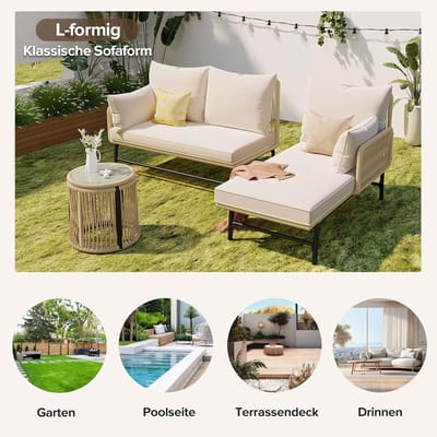 Tuin loungeset 6-zits met 2 tafels en 2 fauteuils – 260 x 180 x 75 cm – Modulaire terrasmeubels met dikke kussens, verstelbare poten en glazen tafelblad – Weerbestendig beige – Laura