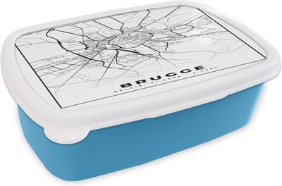 Broodtrommel Blauw - Lunchbox - Brooddoos - Plattegrond – Brugge – Zwart Wit – Stadskaart - Kaart - België - 18x12x6 cm - Kinderen - Jongen