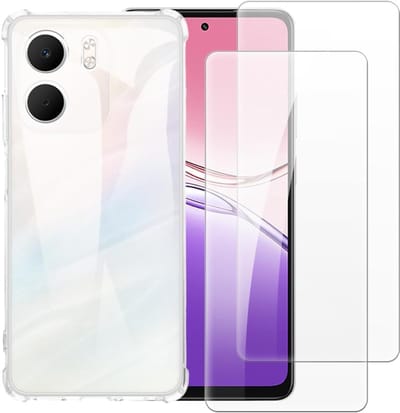 Casemania Hoesje + Glas Geschikt voor Oppo A5X - Transparant - Anti Shock Back Cover + 2X Glazen Screenprotector