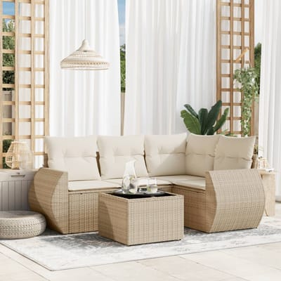 vidaXL - 5-delige - Loungeset - met - kussens - poly - rattan - beige