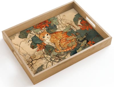 Dienblad hout 40x30 cm - Schootdienblad - Kat - Sierlijk - Bloemen - Borrelplank rechthoek - Plateau dienbladen