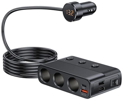 GELLDG Autolader met 128W PD QC3.0 - 7-in-1 Zigarettenaansteker Splitter met 3 Stopcontacten en 4 USB Poorten - Geschikt voor Smartphone GPS Camera en Andere Apparaten - 12V/24V LED Voltmeter Schakelaar - 116x71x33mm Plastic