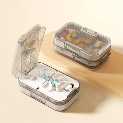 M-Goods - Pillensnijder & Pillendoos 3-in-1 – Pillensplijter tot 1/4 – Met Opbergvak – Veilig Mes – Voor Kleine & Harde Pillen