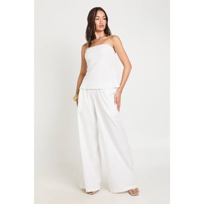 boohoo Dames Linnen Look Bandeau & Wijde Pijpen Broek Co-ord | Ecru | Maat: 38