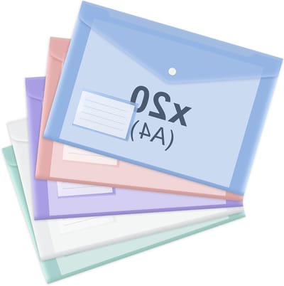 20 Stuks A4 Plastic Hoesjes met Drukknoopsluiting, Transparante Hoezen voor Documenten, A4 Map met Etikettenvak, Ideaal voor School, Thuis en Kantoor, Verkrijgbaar in 5 Kleuren
