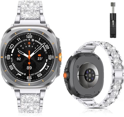 Stravo Luxe Elegante Metalen Bandje – Geschikt voor Samsung Galaxy Watch Ultra 2 (2026) / Ultra (2024/2025) – RVS Horlogeband met Diamant Strass – inclusief inkortset (Zilver)