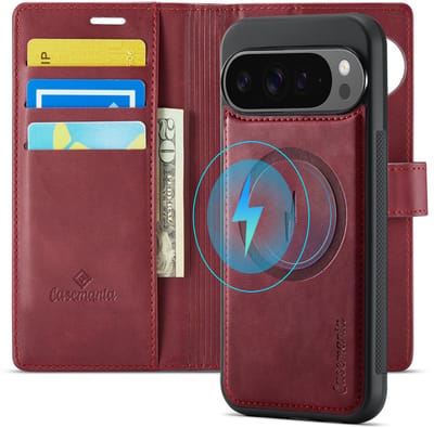 Casemania Hoesje Geschikt voor Google Pixel 10 - Burgundy Red - 2 in 1 Magnetische Book Case met Uitneembare Back Cover - Geschikt voor Qi2 en MagSafe - Telefoonhoesje met Pasjeshouder - Rood