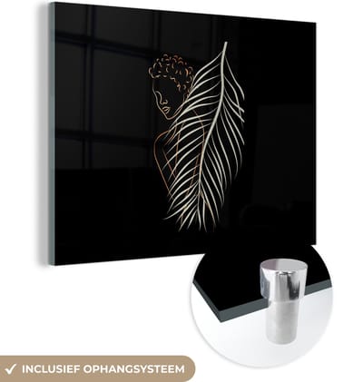 MuchoWow® Glasschilderij 160x120 cm - Schilderij acrylglas - Vrouw - Veer - Line art - Foto op glas - Schilderijen