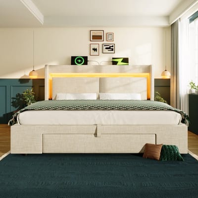 Gestoffeerd bed 160x200 cm met hydraulische opbergruimte en hoofdbord met opbergvak, ledverlichting en USB- en USB-C-poorten, lattenbodem van hout, beige, linnen, inclusief matras