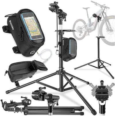 tectake® Fiets Montagestandaard - Fietsenstandaard - Fietslift - E-Bike & Fiets Reparatiestandaard - Geschikt voor alle soorten Fietsframes - Traploos Verstelbaar (117 - 180 cm) en 360° draaibaar - Inclusief Fietstas - Frametas